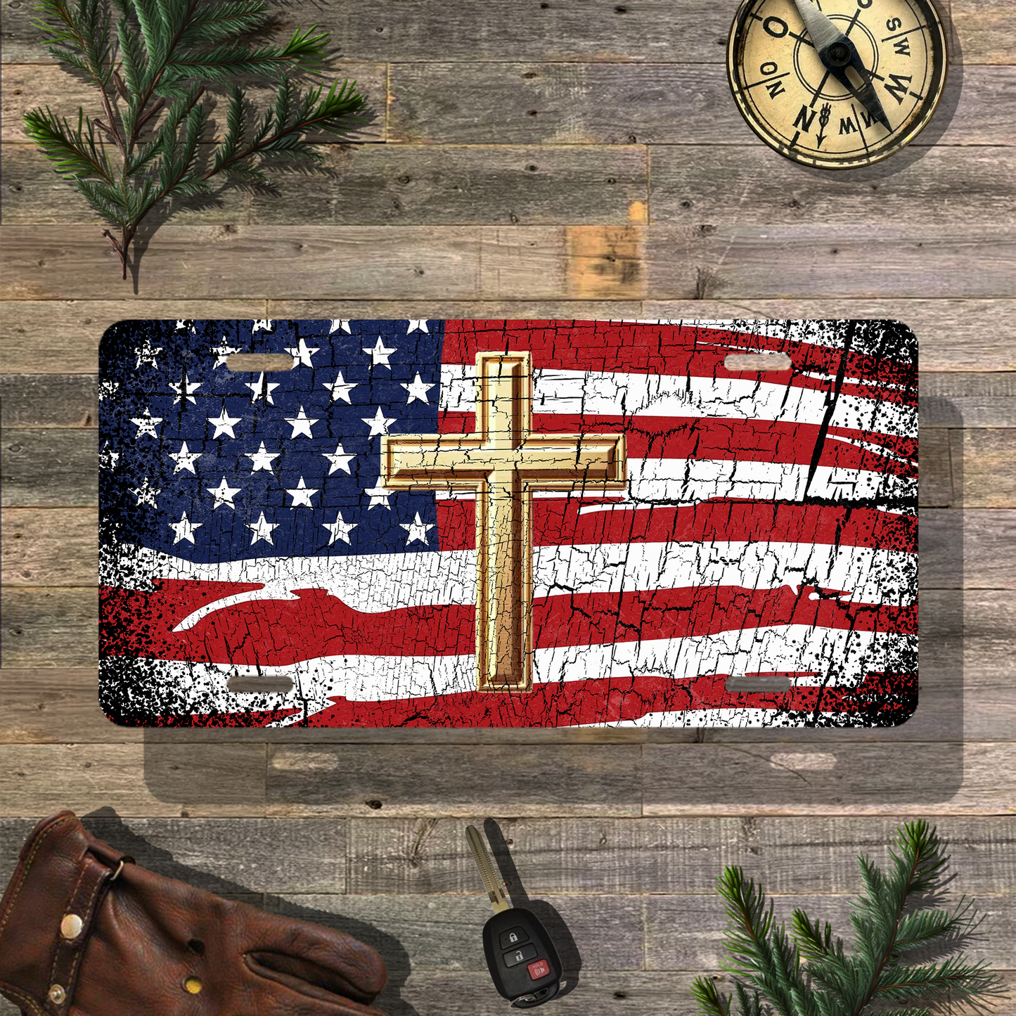 Jesus Cross American Flag License Plate
