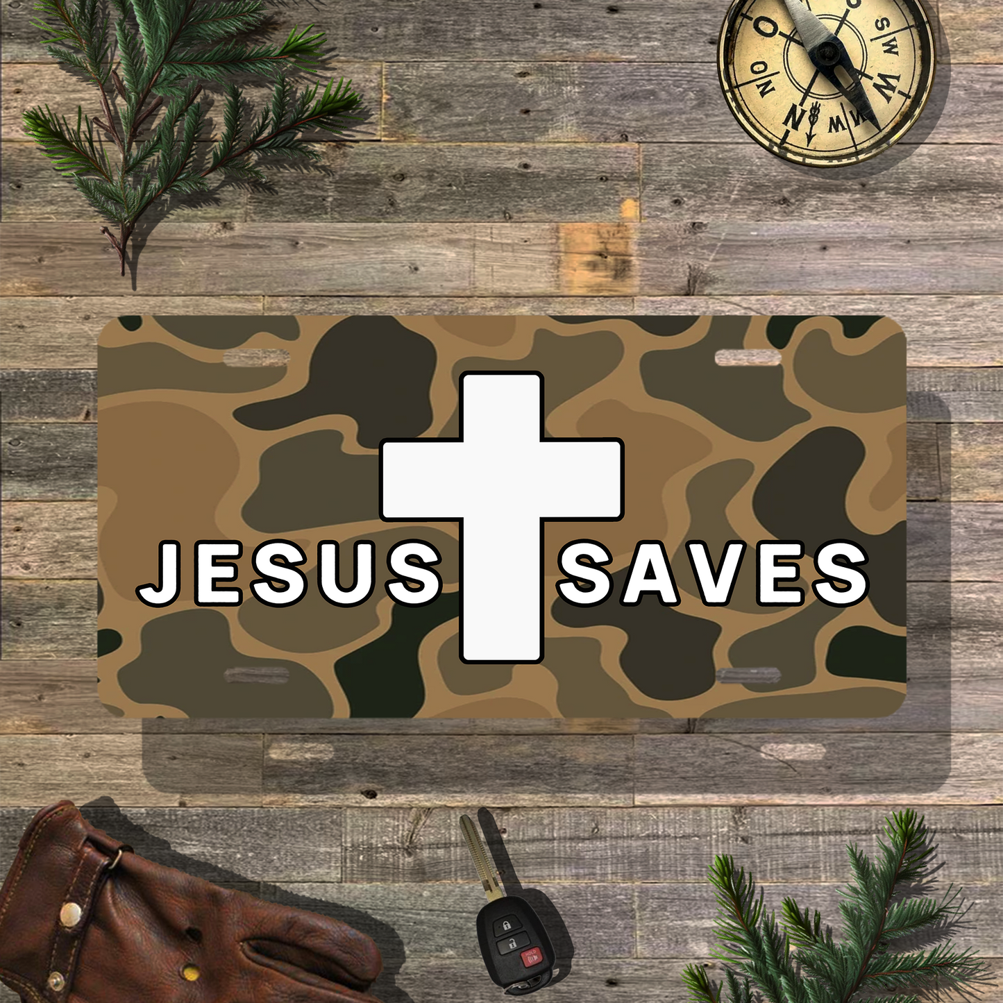 Jesus Saves Vintage Camo Vanity License Plate
